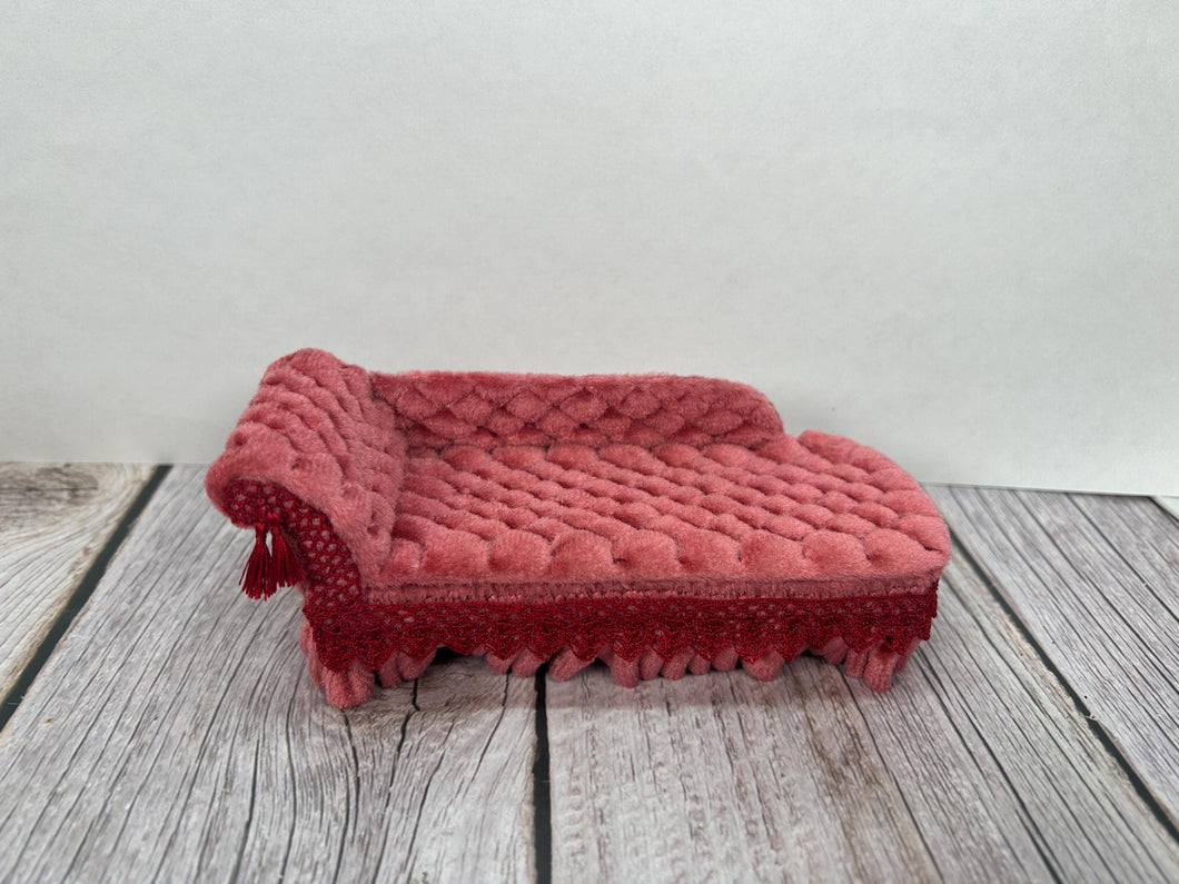 Dollhouse Miniature ~ Artisan Made Signed “Nic Nichols 1/20 1982” Pink Velvet Felted Chaise Lounge Ladies Boudoir Furniture