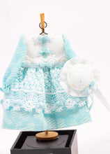 Load image into Gallery viewer, Dollhouse Miniature ~ Long Sleeve Teal Turquoise Girl&#39;s Dress &amp; Hat on Wooden Clothes Stand by Cheryl Warder Artisan Made
