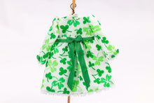 Load image into Gallery viewer, Dollhouse Miniature ~ Shamrock Green St. Patrick&#39;s Day Little Girl&#39;s Dress on Wooden Clothes Stand by Cheryl Warder Artisan Made
