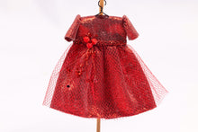 Load image into Gallery viewer, Dollhouse Miniature Shiny Metallic Red Little Girl&#39;s Dress with Mesh on Wooden Clothes Stand by Cheryl Warder Artisan Made
