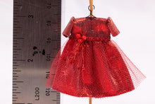 Load image into Gallery viewer, Dollhouse Miniature Shiny Metallic Red Little Girl&#39;s Dress with Mesh on Wooden Clothes Stand by Cheryl Warder Artisan Made
