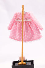 Load image into Gallery viewer, Dollhouse Miniature ~ Pink Polka Dot Little Girl&#39;s Dress w Matching Pink Socks &amp; Shoes on Wooden Clothes Stand by Cheryl Warder Artisan Made
