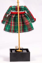 Load image into Gallery viewer, Dollhouse Miniature ~ Christmas Plaid Little Girl&#39;s Dress with White Socks &amp; Shoes on Wooden Clothes Stand by Cheryl Warder Artisan Made
