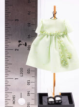 Load image into Gallery viewer, Dollhouse Miniature ~ Light Green Little Girl&#39;s Dress with White Socks and Shoes on Wooden Clothes Stand by Cheryl Warder Artisan Made
