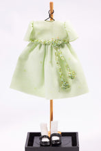 Load image into Gallery viewer, Dollhouse Miniature ~ Light Green Little Girl&#39;s Dress with White Socks and Shoes on Wooden Clothes Stand by Cheryl Warder Artisan Made
