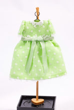 Load image into Gallery viewer, Dollhouse Miniature ~ Lime Green &amp; White Polka Dot Little Girl&#39;s Dress on Wooden Clothes Stand by Cheryl Warder Artisan Made
