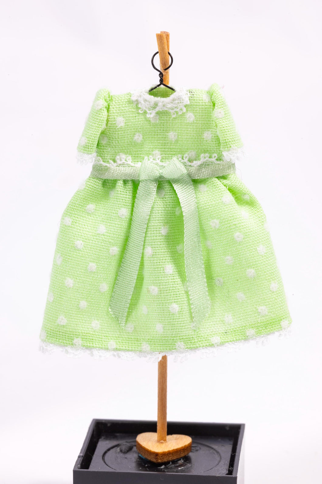 Dollhouse Miniature ~ Lime Green & White Polka Dot Little Girl's Dress on Wooden Clothes Stand by Cheryl Warder Artisan Made