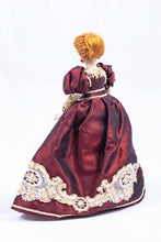 Load image into Gallery viewer, Dollhouse Miniature ~ Royal Fancy Elegant Porcelain Lady Doll in Burgundy Dark Red Dress with Gold Colored Accents Artisan Made OOAK
