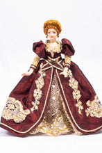 Load image into Gallery viewer, Dollhouse Miniature ~ Royal Fancy Elegant Porcelain Lady Doll in Burgundy Dark Red Dress with Gold Colored Accents Artisan Made OOAK
