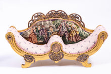 Load image into Gallery viewer, Dollhouse Miniature ~ Pink Unique Two Seater Sofa with Needlepoint Royal Scene with Gold Painted Accents Artisan Made
