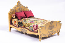 Load image into Gallery viewer, Dollhouse Miniature ~ Needlepoint Double Bed &amp; Long Pillow with Gold Color Painted Wooden Bed Frame and Two Red Silk Pillows Artisan Made
