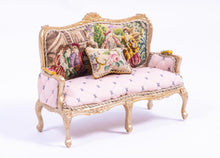 Load image into Gallery viewer, Dollhouse Miniature ~ 3 Piece Pink Needlepoint Sofa &amp; 2 Chairs Set French Versailles Boudoir Artisan Made Gold Painted
