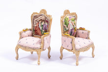 Load image into Gallery viewer, Dollhouse Miniature ~ 3 Piece Pink Needlepoint Sofa &amp; 2 Chairs Set French Versailles Boudoir Artisan Made Gold Painted
