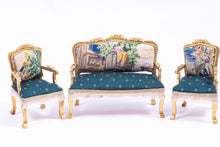 Load image into Gallery viewer, Dollhouse Miniature ~ 3 Piece Needlepoint Sofa &amp; 2 Chairs Emerald Green Set French Versailles Boudoir Artisan Made Gold Painted
