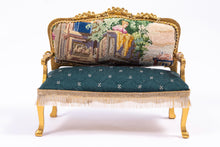 Load image into Gallery viewer, Dollhouse Miniature ~ 3 Piece Needlepoint Sofa &amp; 2 Chairs Emerald Green Set French Versailles Boudoir Artisan Made Gold Painted
