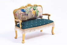 Load image into Gallery viewer, Dollhouse Miniature ~ 3 Piece Needlepoint Sofa &amp; 2 Chairs Emerald Green Set French Versailles Boudoir Artisan Made Gold Painted
