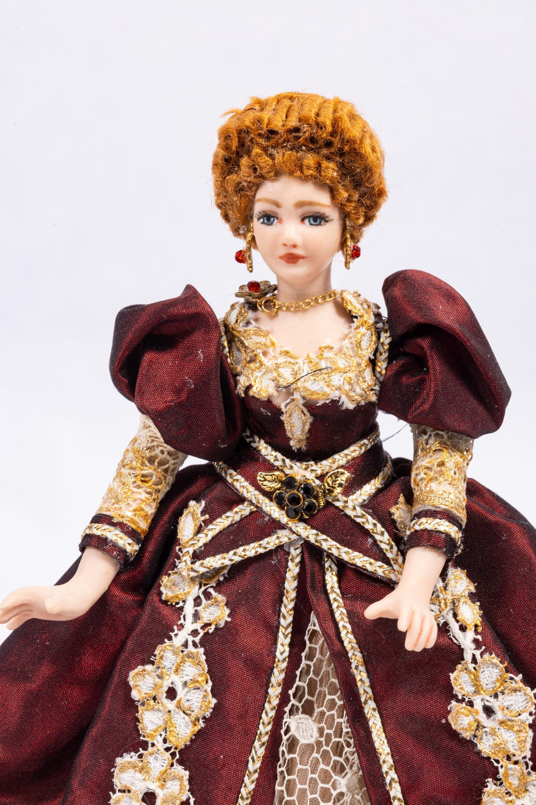 Dollhouse Miniature ~ Royal Fancy Elegant Porcelain Lady Doll in Burgundy Dark Red Dress with Gold Colored Accents Artisan Made OOAK