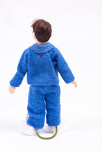 Load image into Gallery viewer, Dollhouse Miniature ~ Brunette Little Boy Porcelain Doll in Blue Pajamas and White Fuzzy Bunny Slippers Artisan Made Cindy Cook
