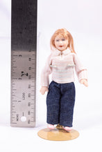 Load image into Gallery viewer, Dollhouse Miniature ~ Strawberry Blonde Little Girl Porcelain Doll in Pink Blouse &amp; Blue Jeans Modern Contemporary Artisan Made Cindy Cook
