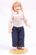 Load image into Gallery viewer, Dollhouse Miniature ~ Strawberry Blonde Little Girl Porcelain Doll in Pink Blouse &amp; Blue Jeans Modern Contemporary Artisan Made Cindy Cook
