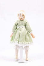 Load image into Gallery viewer, Dollhouse Miniature ~ Bleach Blonde Little Girl Doll in Green Dress with White Lace Collar Debra Hammond Artisan Made
