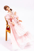 Load image into Gallery viewer, Dollhouse Miniature ~ Brunette Mother &amp; Baby Girl Porcelain Dolls in Pink Nightgown Sitting Debra Hammond Artisan Made Nursery
