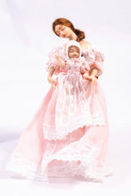 Load image into Gallery viewer, Dollhouse Miniature ~ Brunette Mother &amp; Baby Girl Porcelain Dolls in Pink Nightgown Sitting Debra Hammond Artisan Made Nursery
