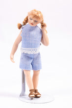 Load image into Gallery viewer, Dollhouse Miniature ~ Pigtails Little Girl Porcelain Doll in Blue Checkered Romper &amp; Sandals Modern Contemporary Artisan Made Cindy Cook
