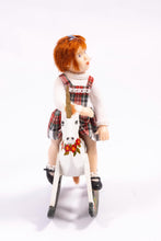 Load image into Gallery viewer, Dollhouse Miniature ~ Little Girl Porcelain Doll Short Red Hair Red Plaid Tartan Dress on Wooden Rocking Horse Artisan Made Irish Scottish
