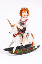 Load image into Gallery viewer, Dollhouse Miniature ~ Little Girl Porcelain Doll Short Red Hair Red Plaid Tartan Dress on Wooden Rocking Horse Artisan Made Irish Scottish
