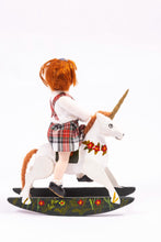 Load image into Gallery viewer, Dollhouse Miniature ~ Little Girl Porcelain Doll Short Red Hair Red Plaid Tartan Dress on Wooden Rocking Horse Artisan Made Irish Scottish
