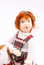 Load image into Gallery viewer, Dollhouse Miniature ~ Little Girl Porcelain Doll Short Red Hair Red Plaid Tartan Dress on Wooden Rocking Horse Artisan Made Irish Scottish
