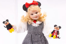 Load image into Gallery viewer, Curly Blonde Hair Little Girl Doll in B&amp;W Checkered Overalls with Mickey Mouse Ears and Toys Artisan Made Pat Melvin
