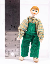 Load image into Gallery viewer, Strawberry Blonde Little Boy Doll in Green Overalls and Checkered Shirt Artisan Made Pat Melvin Modern Contemporary
