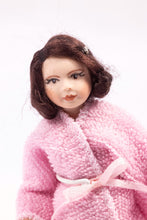 Load image into Gallery viewer, Little Girl Short Hair Porcelain Doll in Pink Bathrobe Pajamas and White Fuzzy Bunny Slippers Artisan Made Cindy Cook
