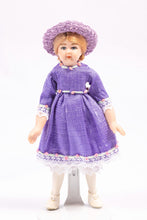 Load image into Gallery viewer, Strawberry Blonde Little Girl Porcelain Doll in Purple Dress &amp; Knitted Hat Debra Hammond Artisan Made

