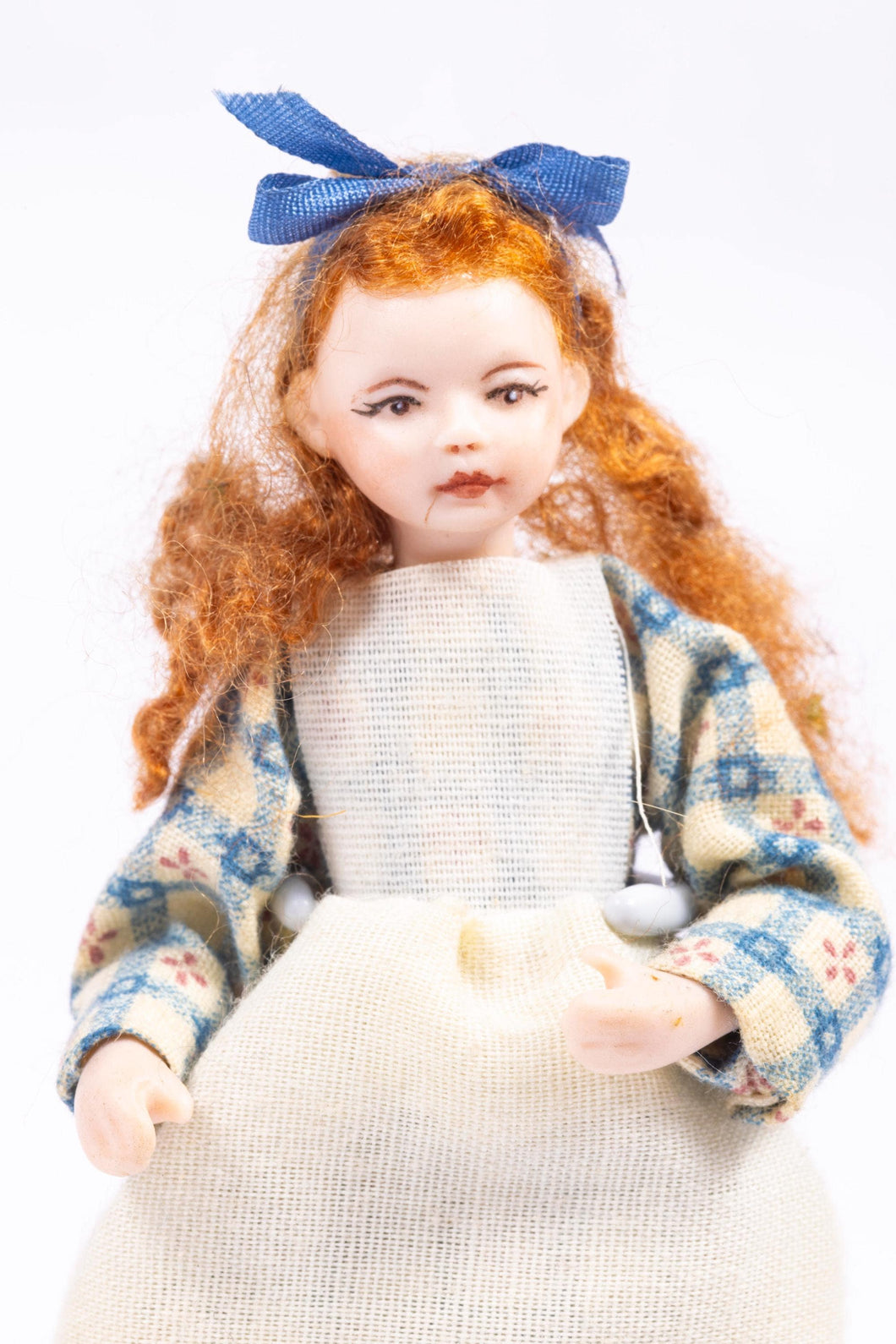 Long Red Hair Little Girl Doll in Blue Gingham Dress & Off White Apron Porcelain Cindy Cook Artisan Made