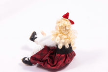 Load image into Gallery viewer, Little Girl Doll in Victorian Red &amp; White Dress with Bow in Long Blonde Hair Sitting Down Pat Melvin Artisan Made
