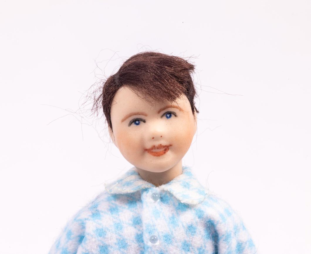 Little Boy Porcelain Doll in Blue & White Checkered Pajamas and Bunny Slippers Brown Hair Artisan Made Cindy Cook