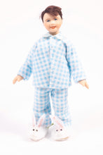 Load image into Gallery viewer, Little Boy Porcelain Doll in Blue &amp; White Checkered Pajamas and Bunny Slippers Brown Hair Artisan Made Cindy Cook
