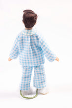 Load image into Gallery viewer, Little Boy Porcelain Doll in Blue &amp; White Checkered Pajamas and Bunny Slippers Brown Hair Artisan Made Cindy Cook
