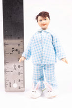 Load image into Gallery viewer, Little Boy Porcelain Doll in Blue &amp; White Checkered Pajamas and Bunny Slippers Brown Hair Artisan Made Cindy Cook
