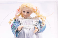 Load image into Gallery viewer, Dollhouse Miniature ~ Artisan Made Porcelain Blonde Hair Little Girl Doll in Apron &amp; Blue Dress
