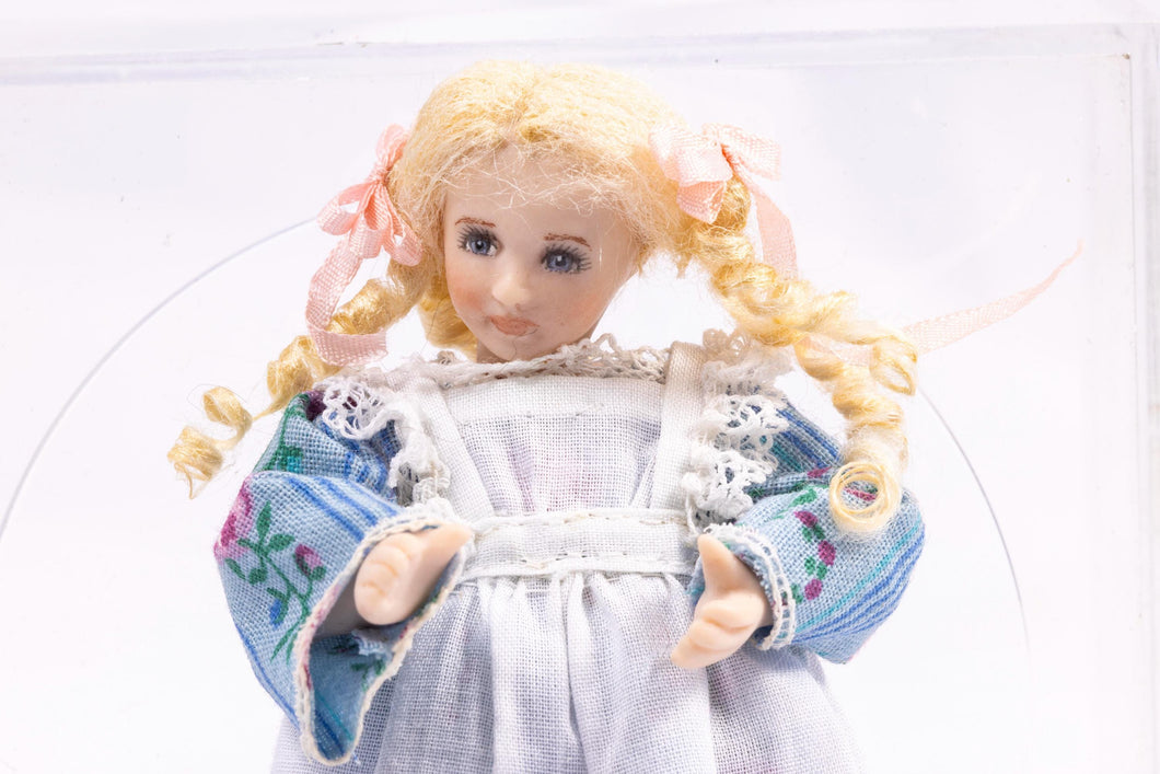 Dollhouse Miniature ~ Artisan Made Porcelain Blonde Hair Little Girl Doll in Apron & Blue Dress