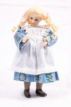 Load image into Gallery viewer, Dollhouse Miniature ~ Artisan Made Porcelain Blonde Hair Little Girl Doll in Apron &amp; Blue Dress
