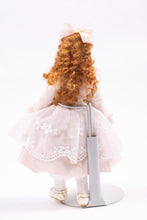 Load image into Gallery viewer, Dollhouse Miniature ~ Curly Auburn Hair Little Girl Doll in Pale Pink Dress with Floral White Apron Pat Melvin Artisan Made
