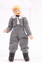 Load image into Gallery viewer, Dollhouse Miniature ~ Little Boy Doll in Black &amp; White Gingham Jacket and Matching Trousers Blonde Hair Pat Melvin Artisan Made
