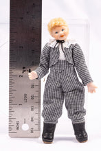 Load image into Gallery viewer, Dollhouse Miniature ~ Little Boy Doll in Black &amp; White Gingham Jacket and Matching Trousers Blonde Hair Pat Melvin Artisan Made
