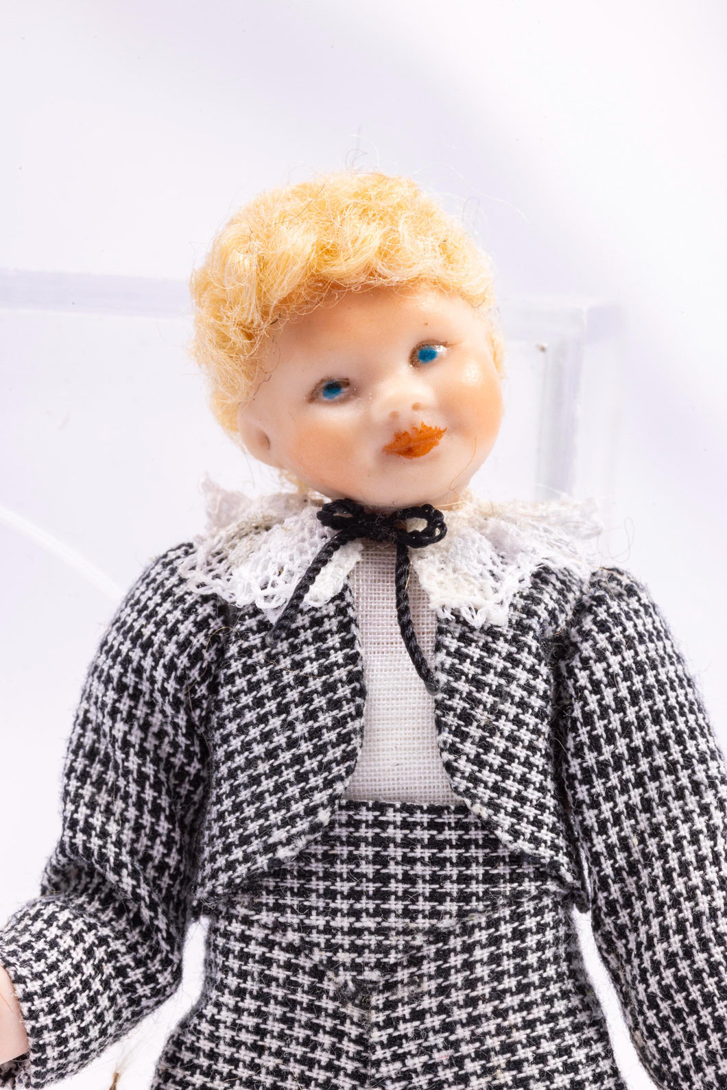 Dollhouse Miniature ~ Little Boy Doll in Black & White Gingham Jacket and Matching Trousers Blonde Hair Pat Melvin Artisan Made