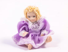 Load image into Gallery viewer, Dollhouse Miniature ~ Baby Girl Porcelain Doll Curly Blonde Hair in Victorian Purple Dress with White Lace Artisan Made Nursery
